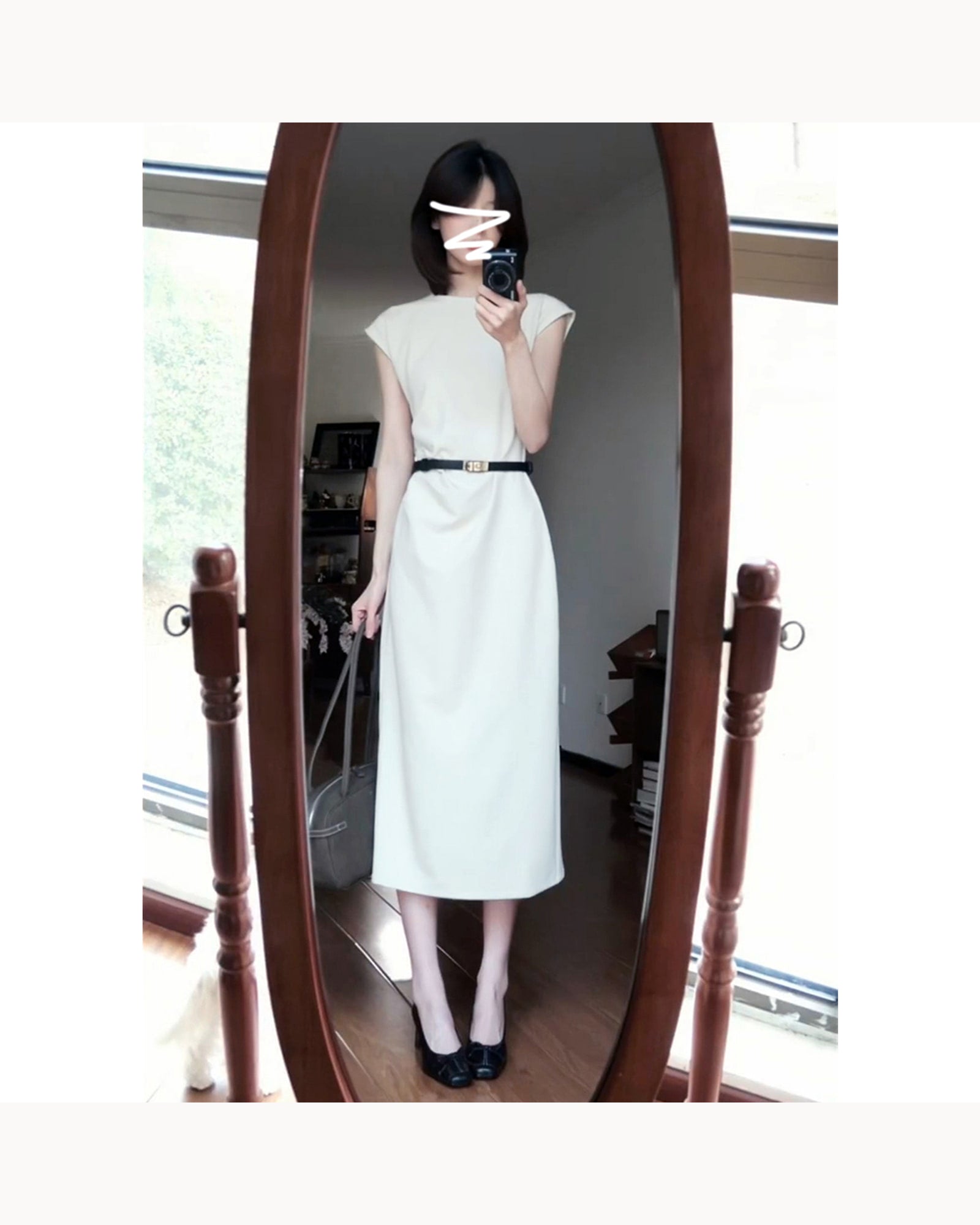 Cream with Belt Belted Polka Dot Midi Dress – alternate view 1