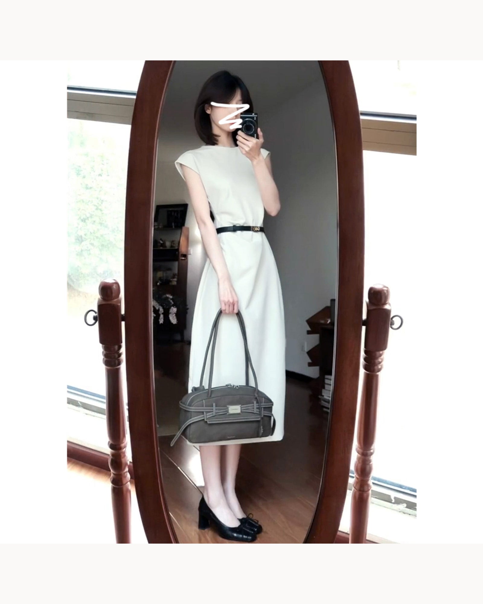 Cream with Belt Belted Polka Dot Midi Dress – alternate view 2