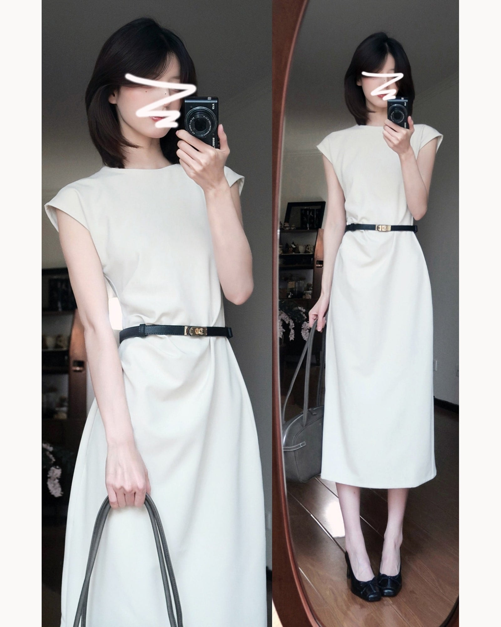 Cream with Belt Belted Polka Dot Midi Dress – alternate view 4