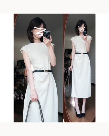 Cream with Belt Belted Polka Dot Midi Dress – color view