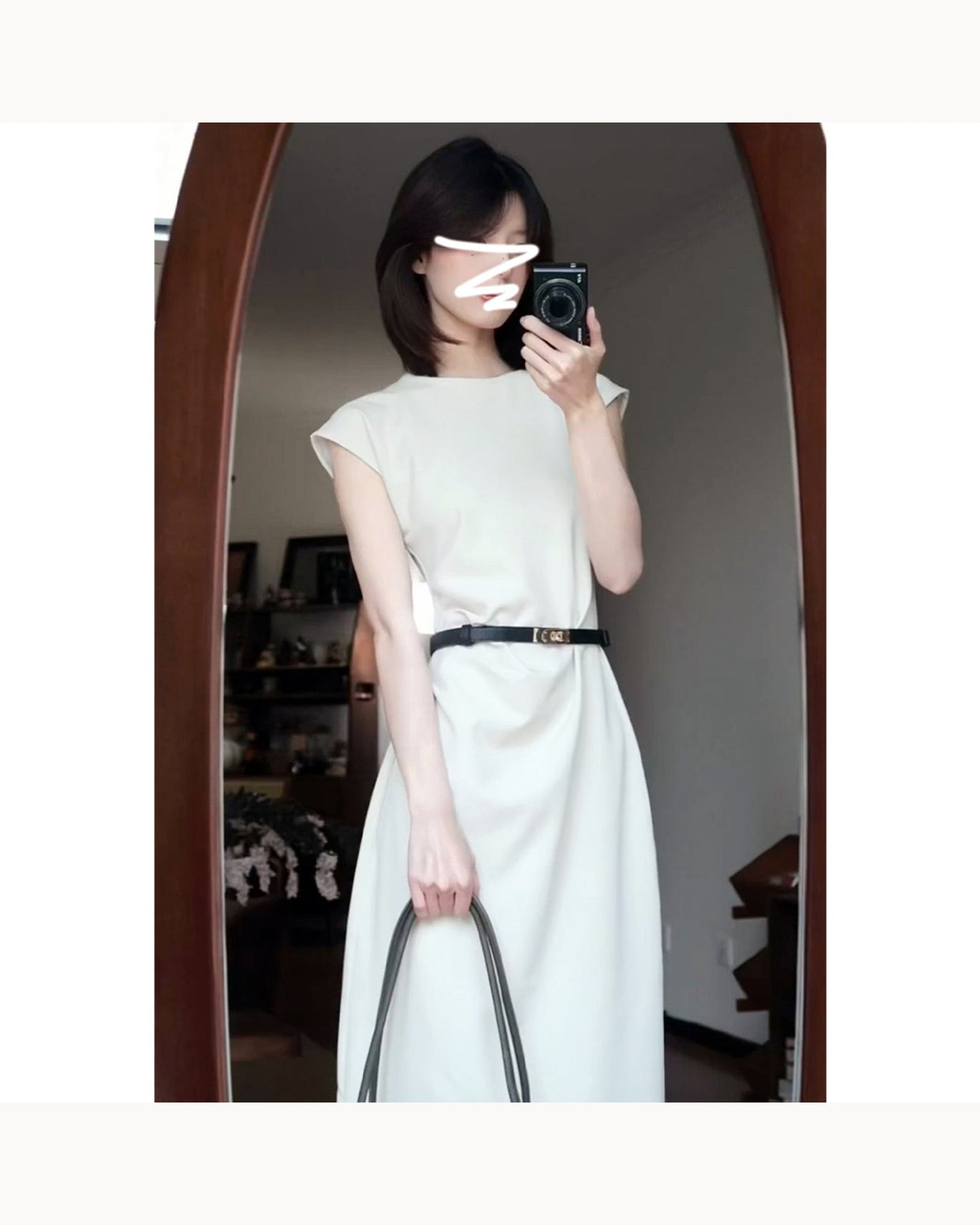 Cream with Belt Belted Polka Dot Midi Dress – main view