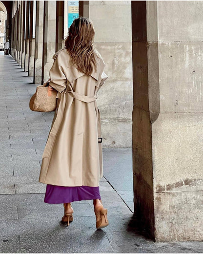 Khaki Double-Breasted Longline Trench Coat – main view