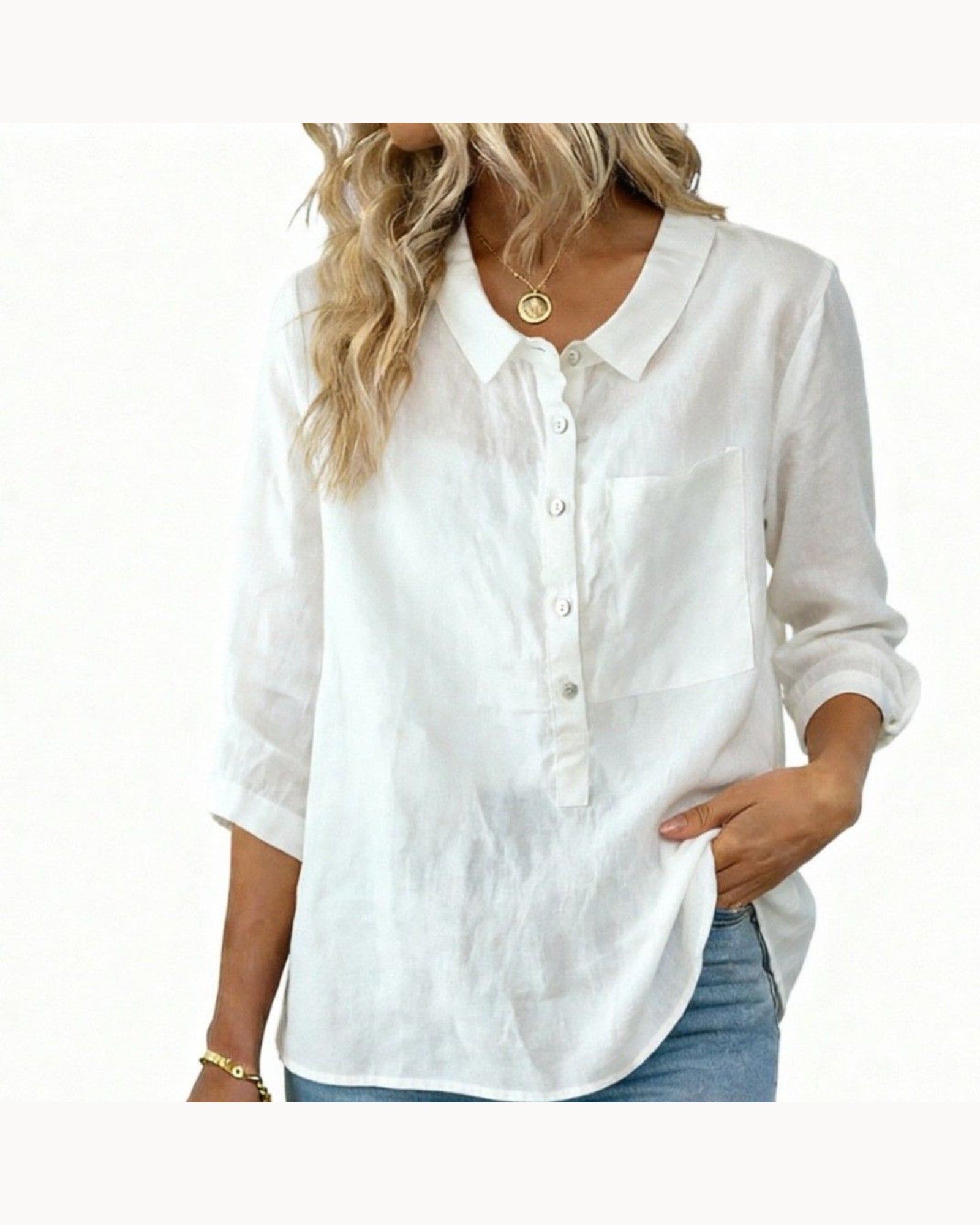 White Half-Button Collared Top – color view