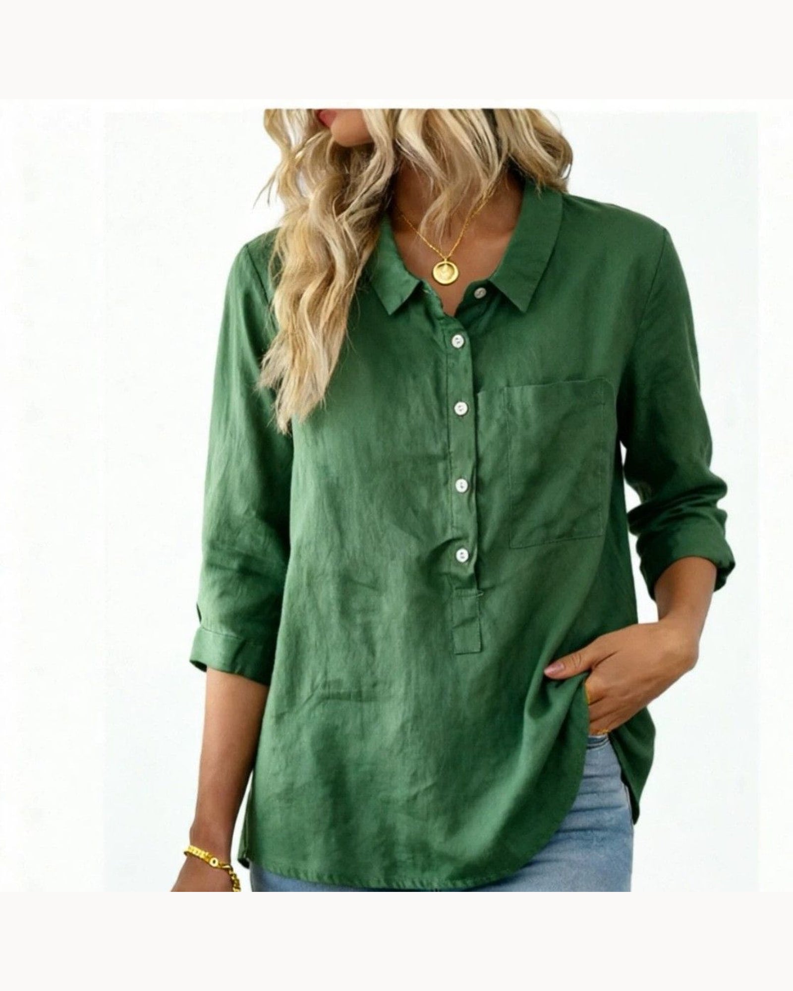 White Half-Button Collared Top – color view