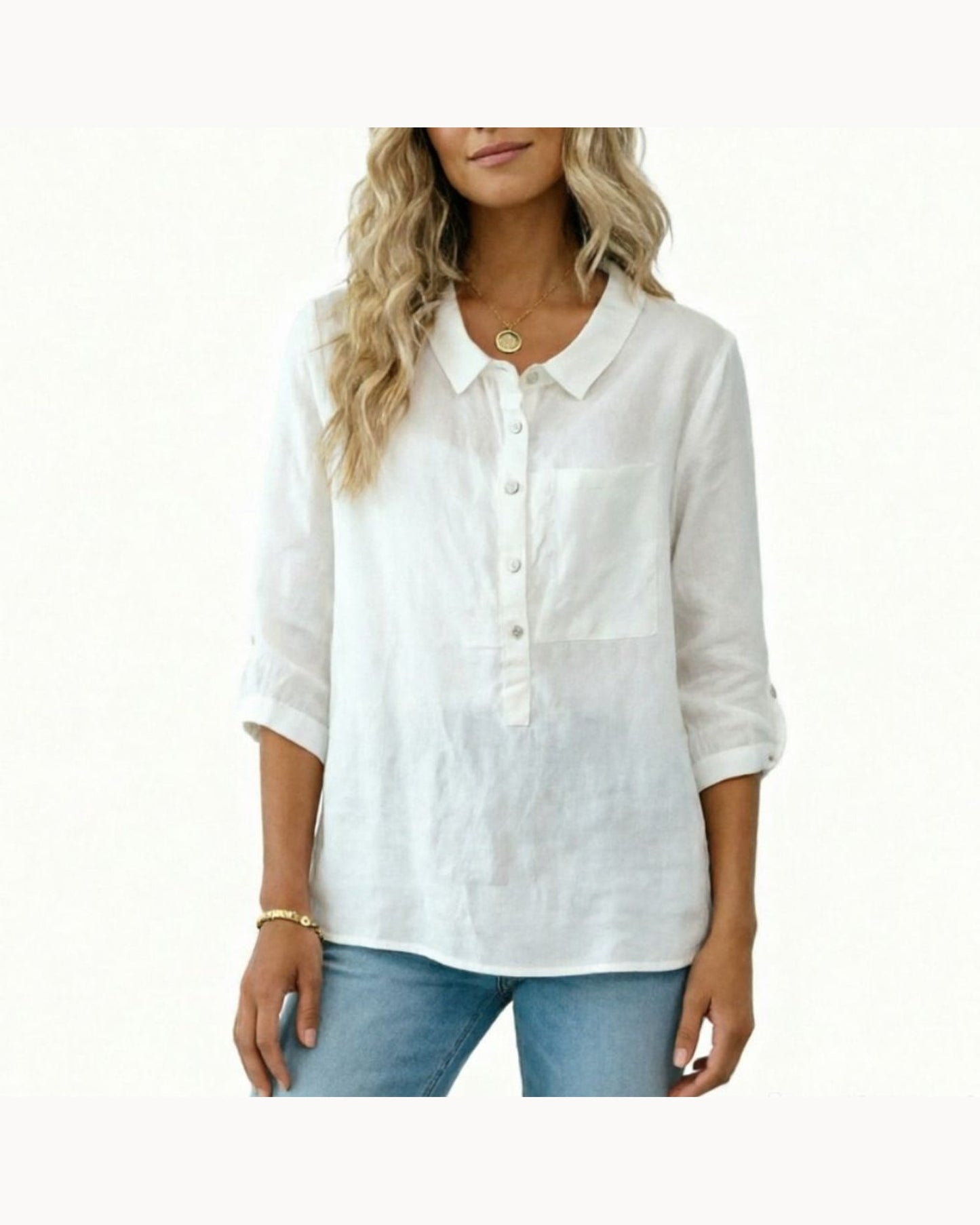 White Half-Button Collared Top – detail view