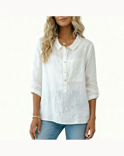 White Half-Button Collared Top – detail view