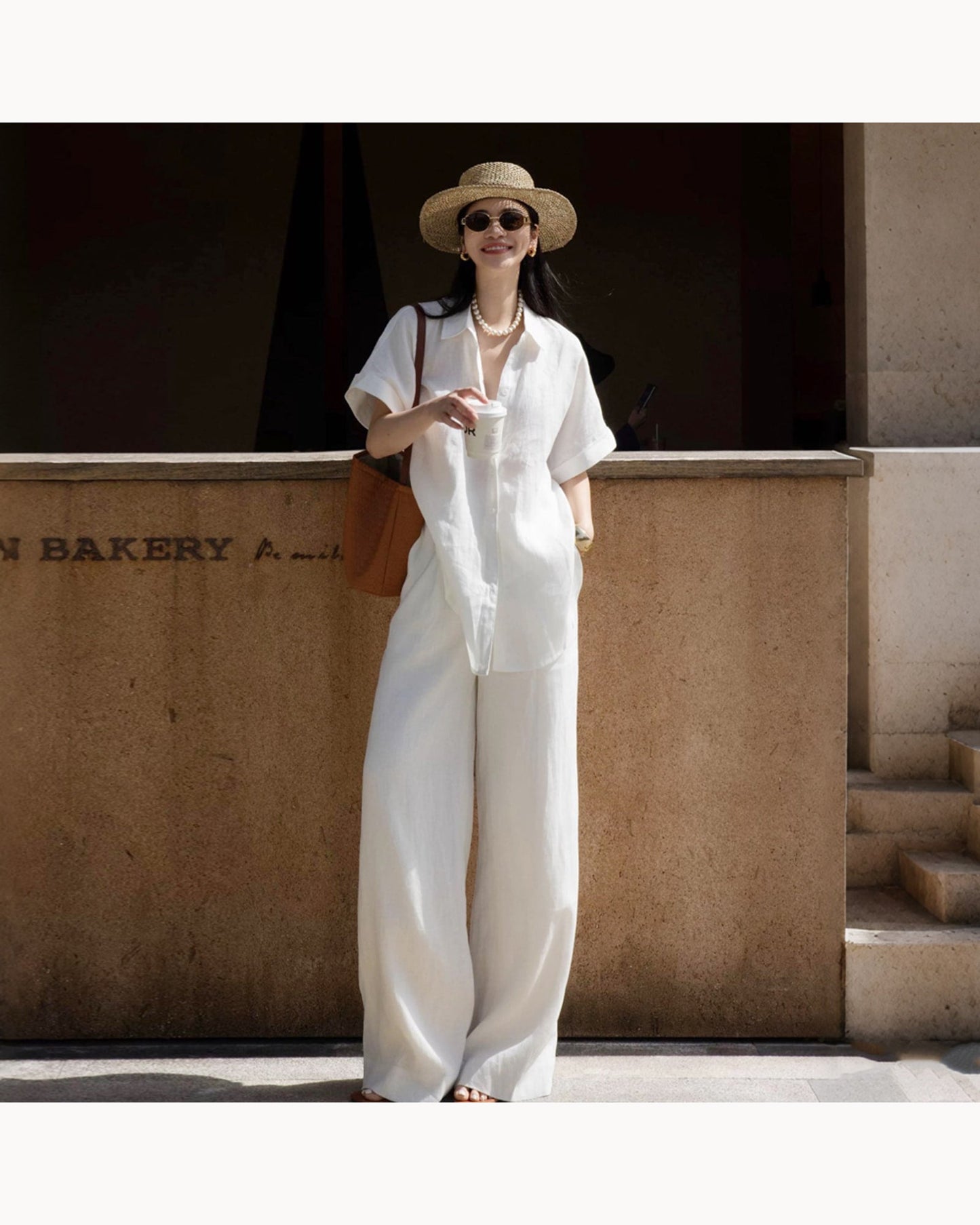 White Set Linen Blend Shirt & Wide-Leg Pant Set – alternate view 1