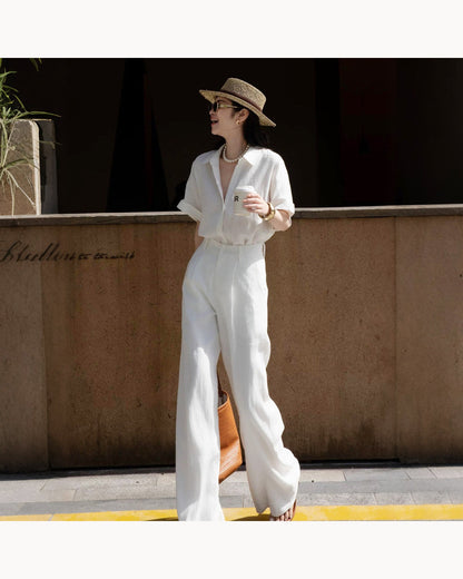White Set Linen Blend Shirt & Wide-Leg Pant Set – alternate view 2