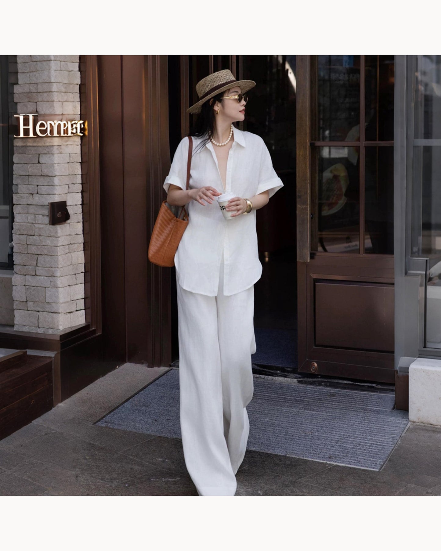 White Set Linen Blend Shirt & Wide-Leg Pant Set – alternate view 3