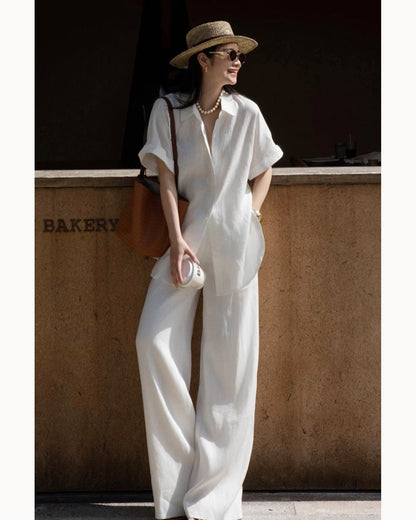 White Set Linen Blend Shirt & Wide-Leg Pant Set – alternate view 4