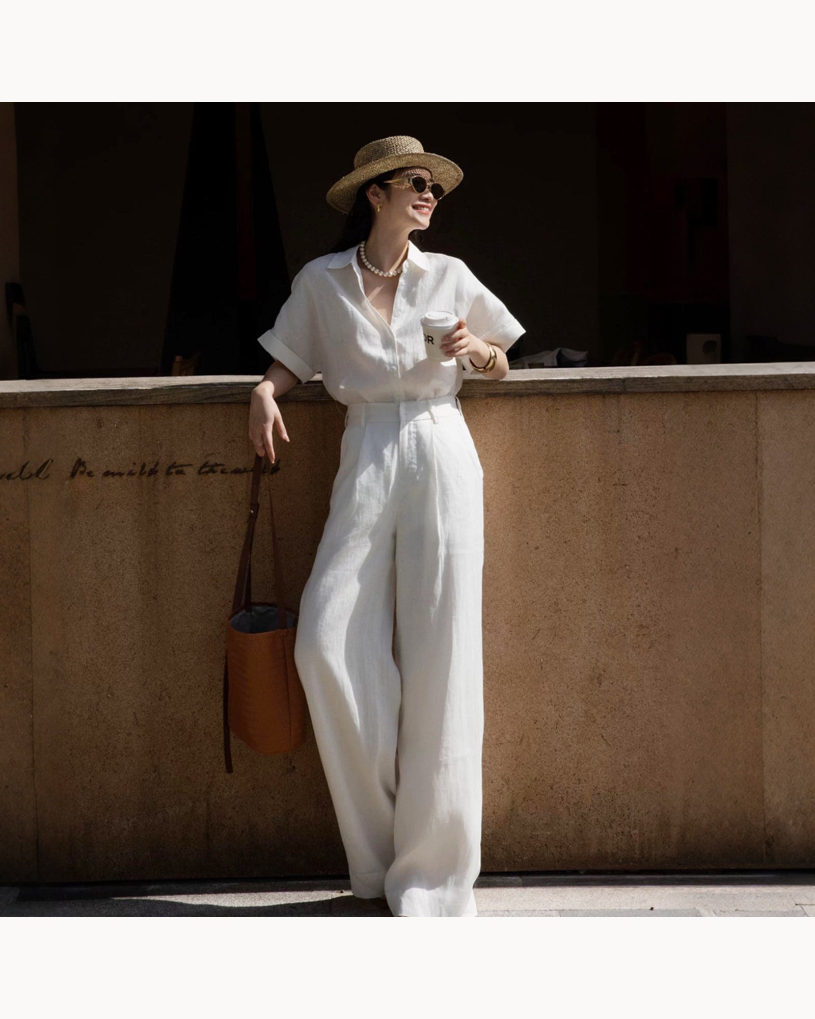 White Set Linen Blend Shirt & Wide-Leg Pant Set – main view