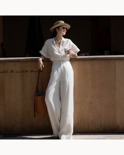 White Set Linen Blend Shirt & Wide-Leg Pant Set – main view