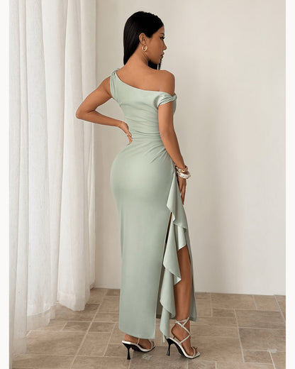 Mint Mint One-Shoulder Ruffle Maxi Dress – detail view