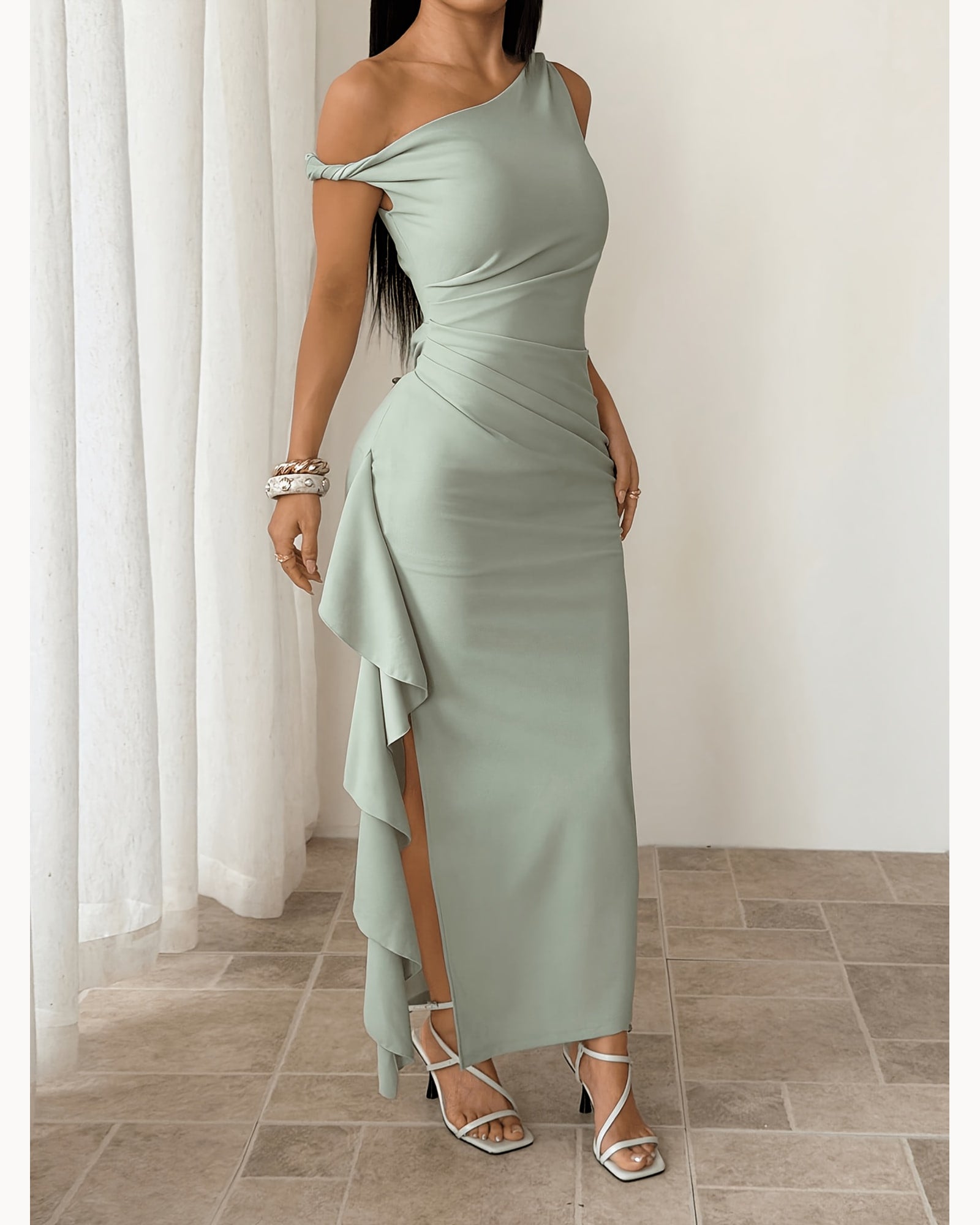 Mint Mint One-Shoulder Ruffle Maxi Dress – detail view