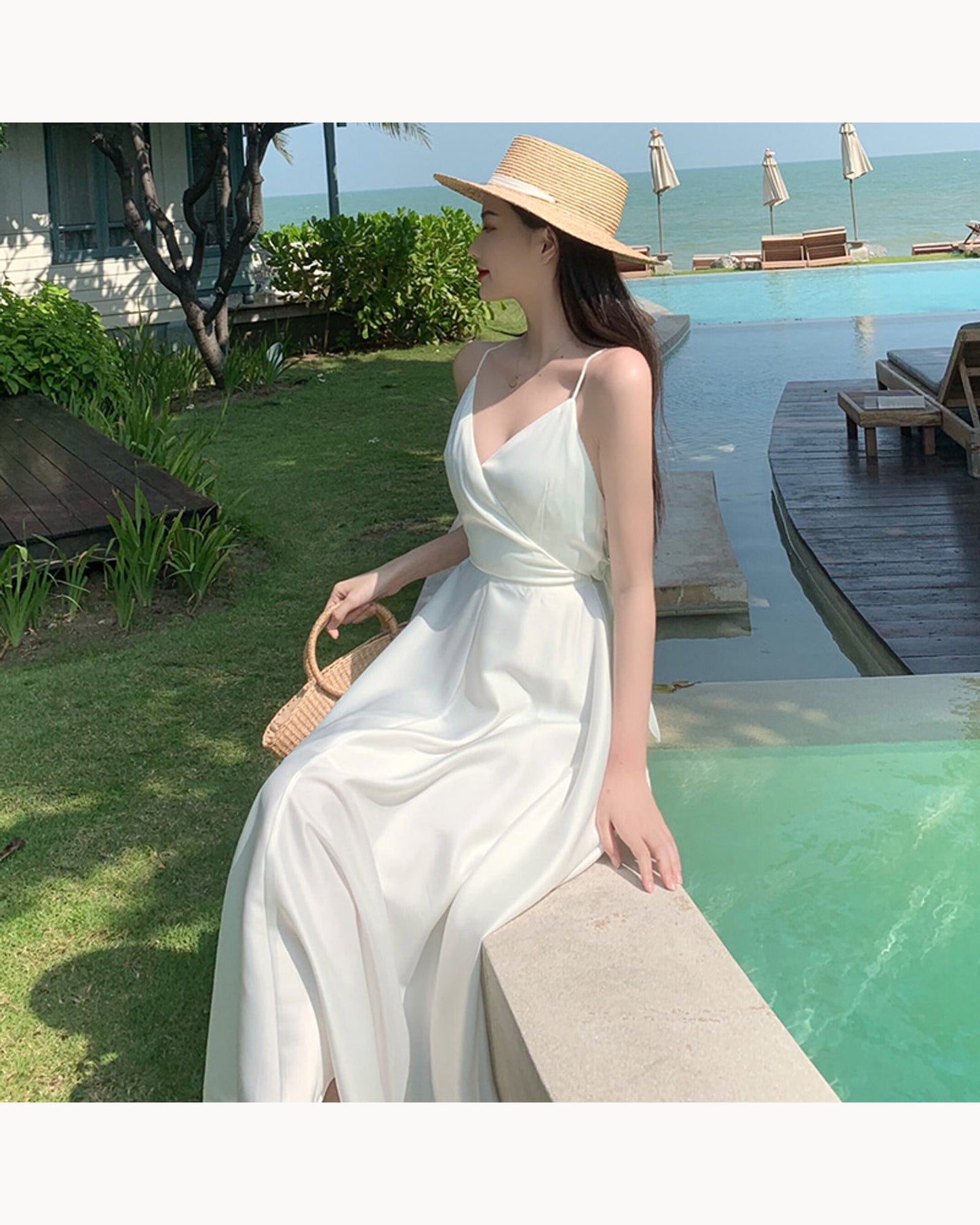 White Open-Back Satin-Look Maxi Dress – main view