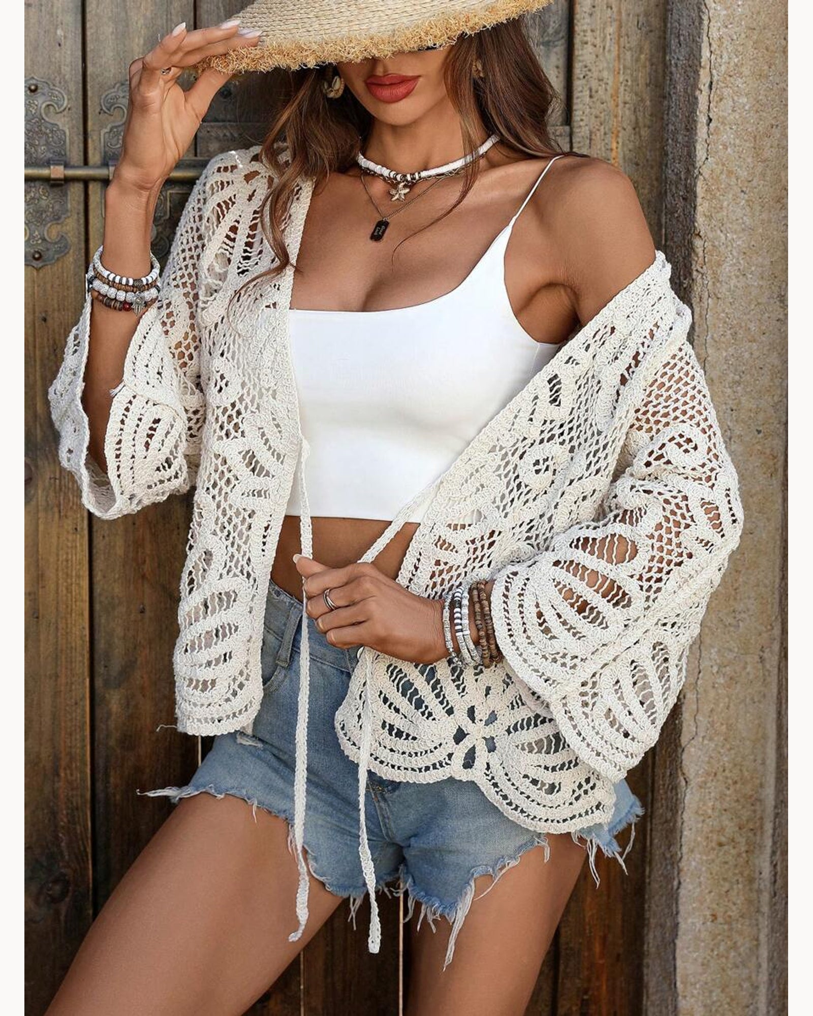 Cream Open-Knit Tie-Front Cardigan – alternate view 1