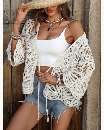 Cream Open-Knit Tie-Front Cardigan – alternate view 1