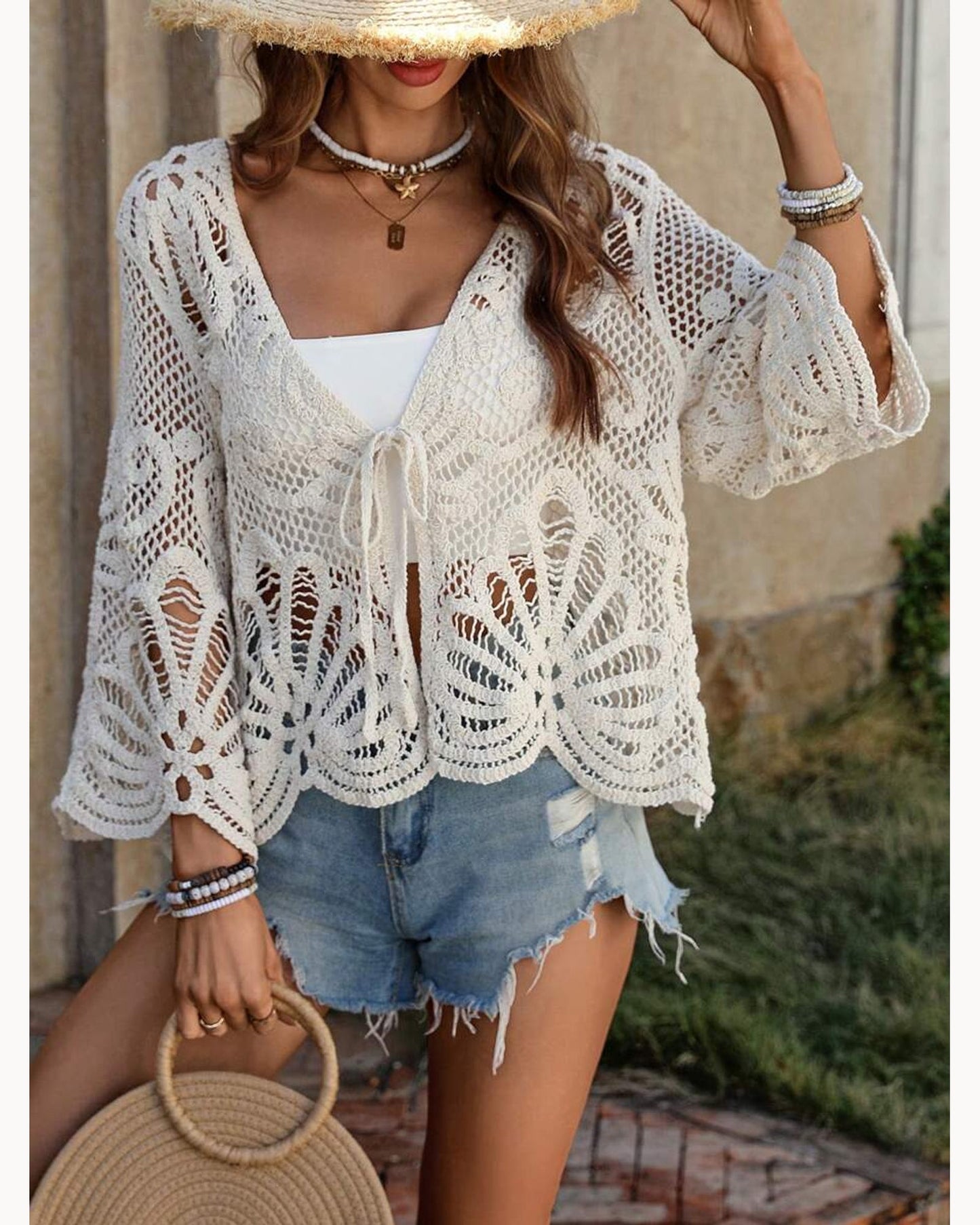Cream Open-Knit Tie-Front Cardigan – detail view