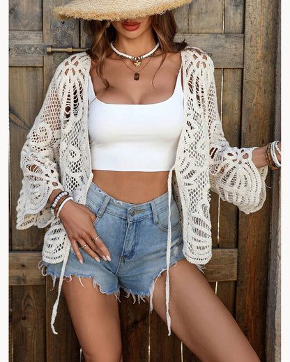 Cream Open-Knit Tie-Front Cardigan – detail view
