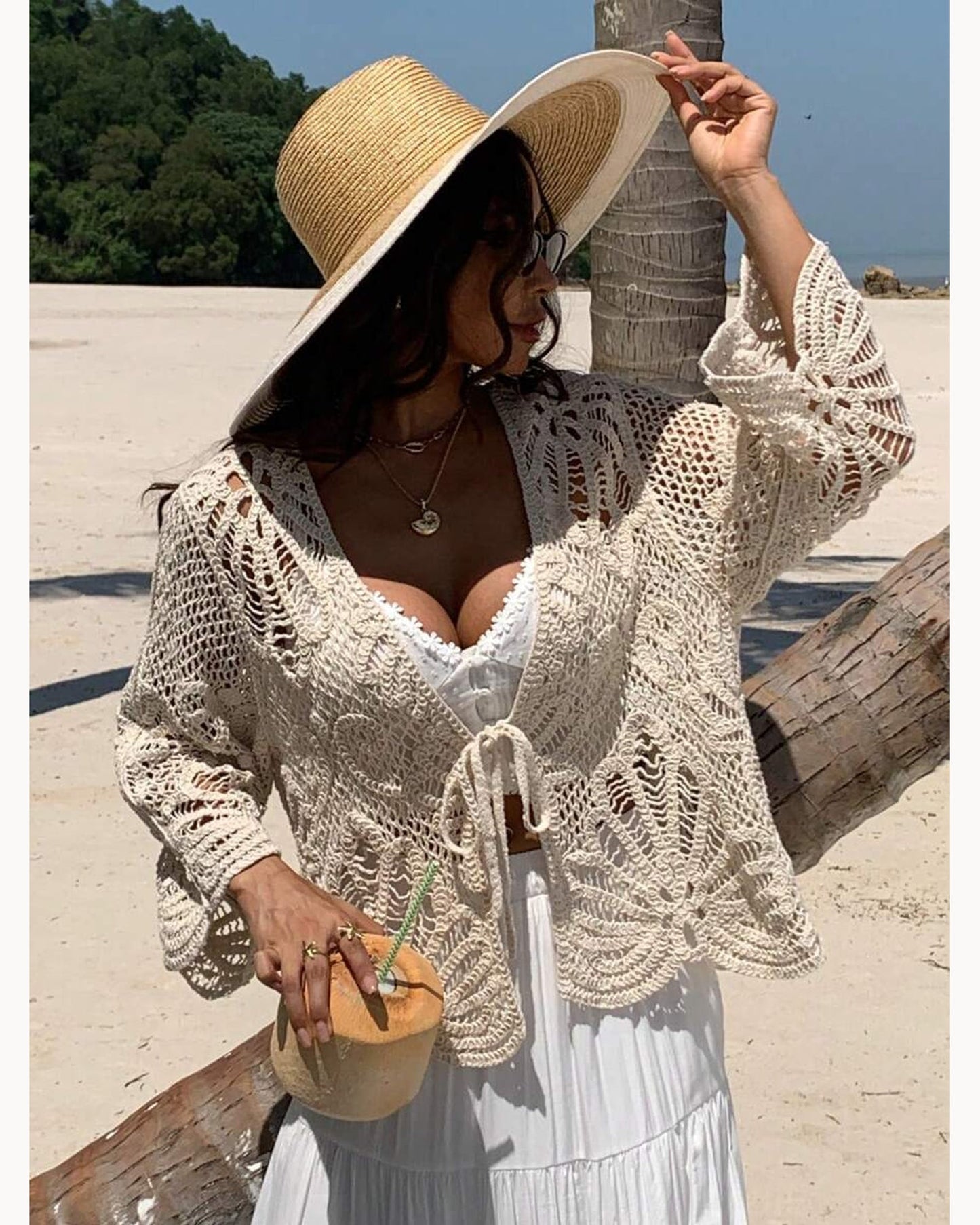 Cream Open-Knit Tie-Front Cardigan – main view