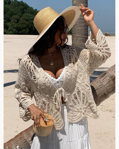 Cream Open-Knit Tie-Front Cardigan – main view