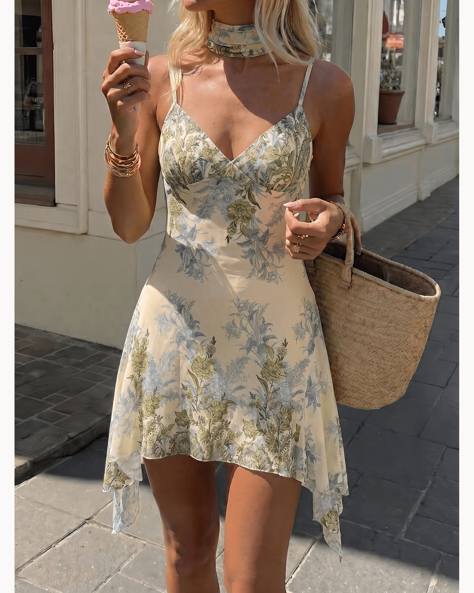 Print Printed Tie-Strap Mini Dress – detail view