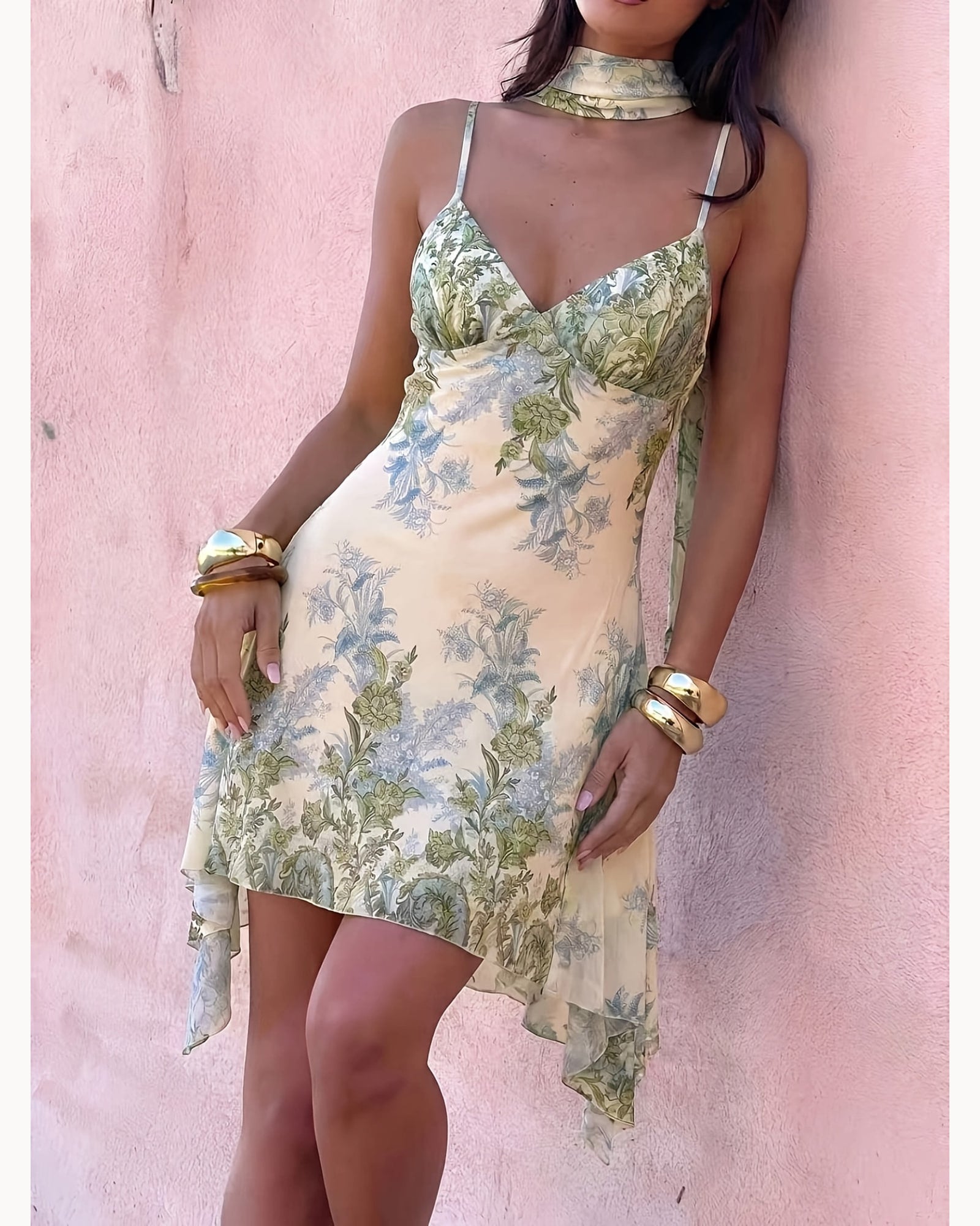Print Printed Tie-Strap Mini Dress – detail view