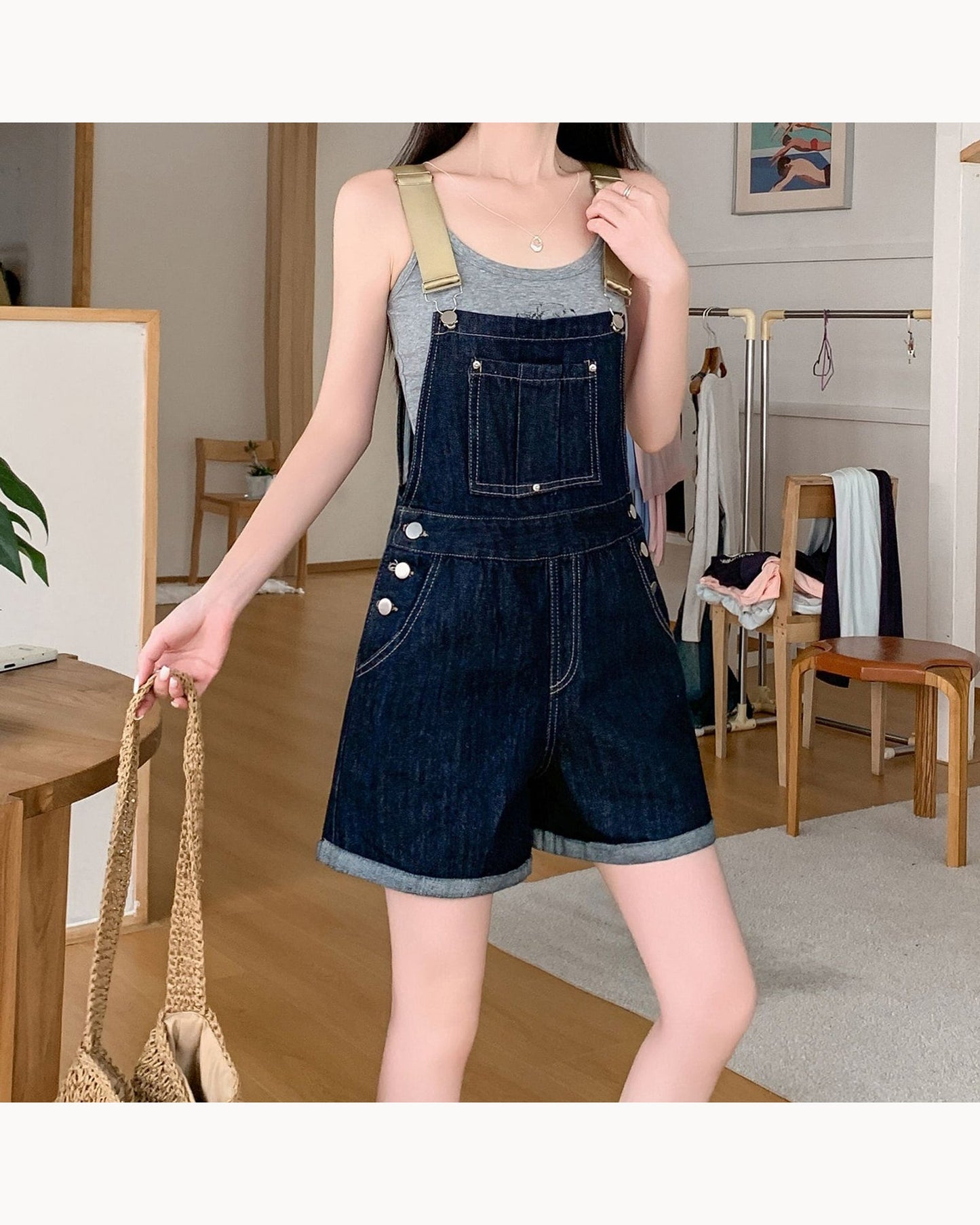 Dark Blue Relaxed Denim Overall Romper – detail view