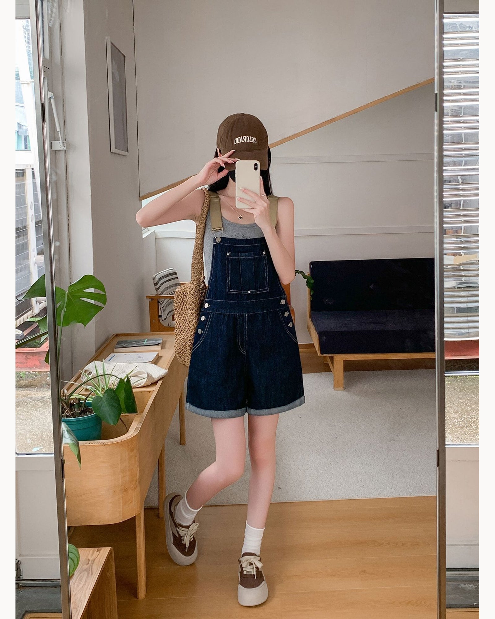 Dark Blue Relaxed Denim Overall Romper – detail view
