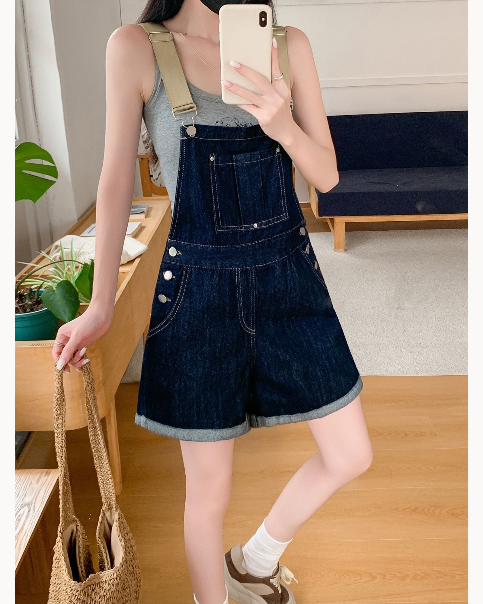 Dark Blue Relaxed Denim Overall Romper – main view
