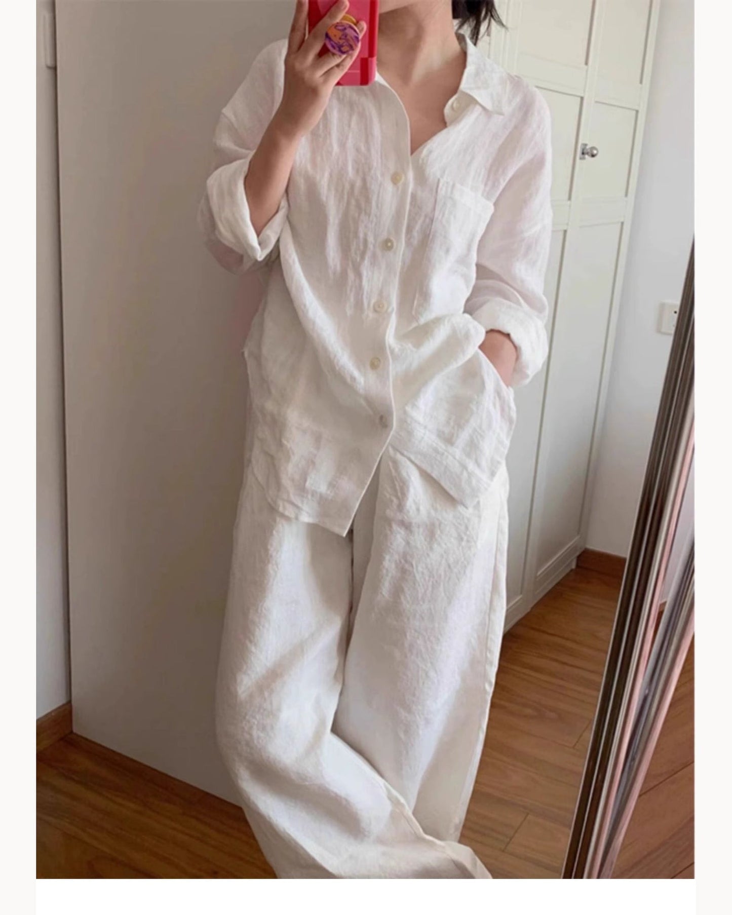 White Relaxed Linen Button-Up Shirt – alternate view 1