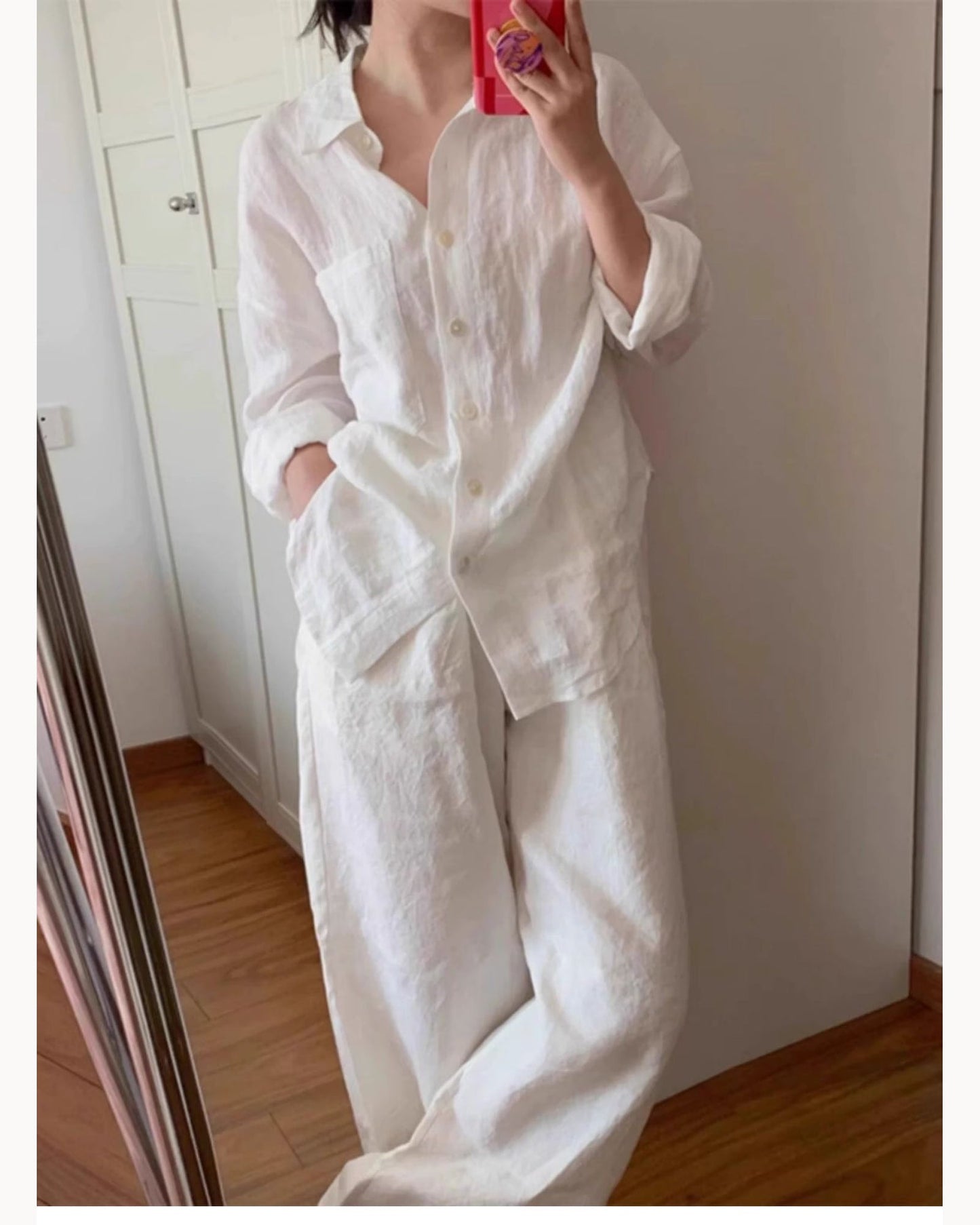 White Relaxed Linen Button-Up Shirt – color view
