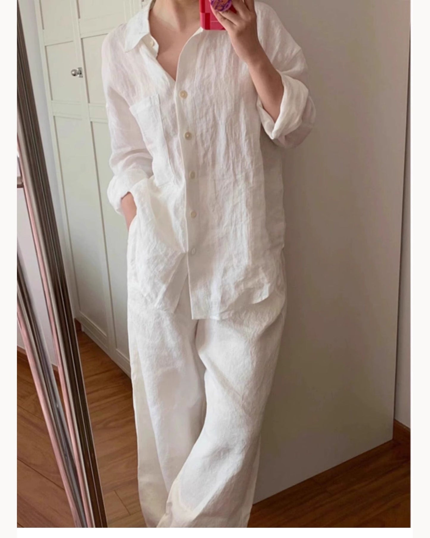 White Relaxed Linen Button-Up Shirt – main view