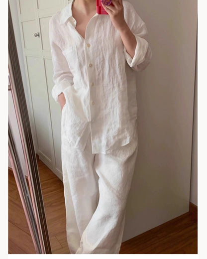White Relaxed Linen Button-Up Shirt – main view