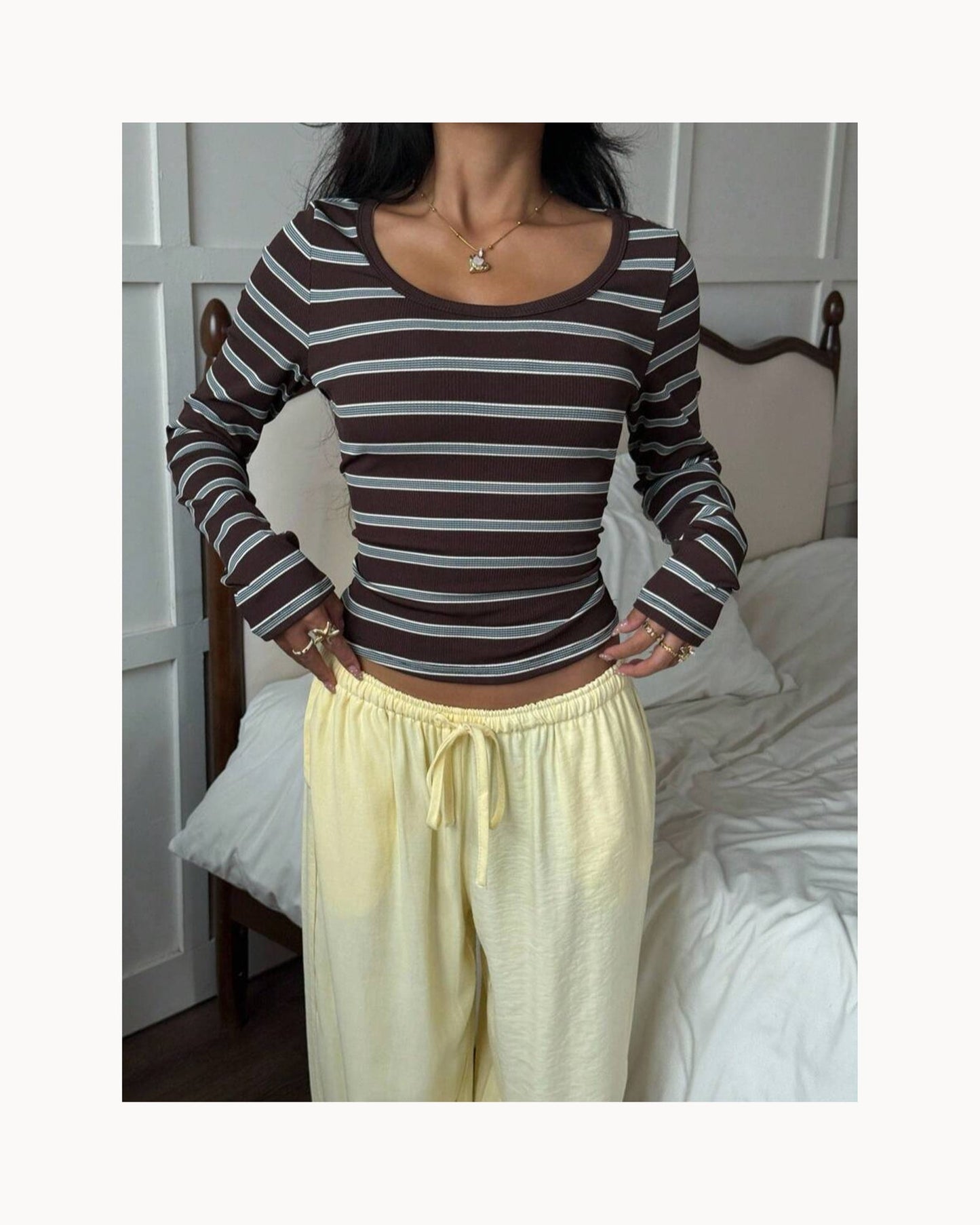 Brown Striped Wide-Neck Fitted Tee – alternate view 1
