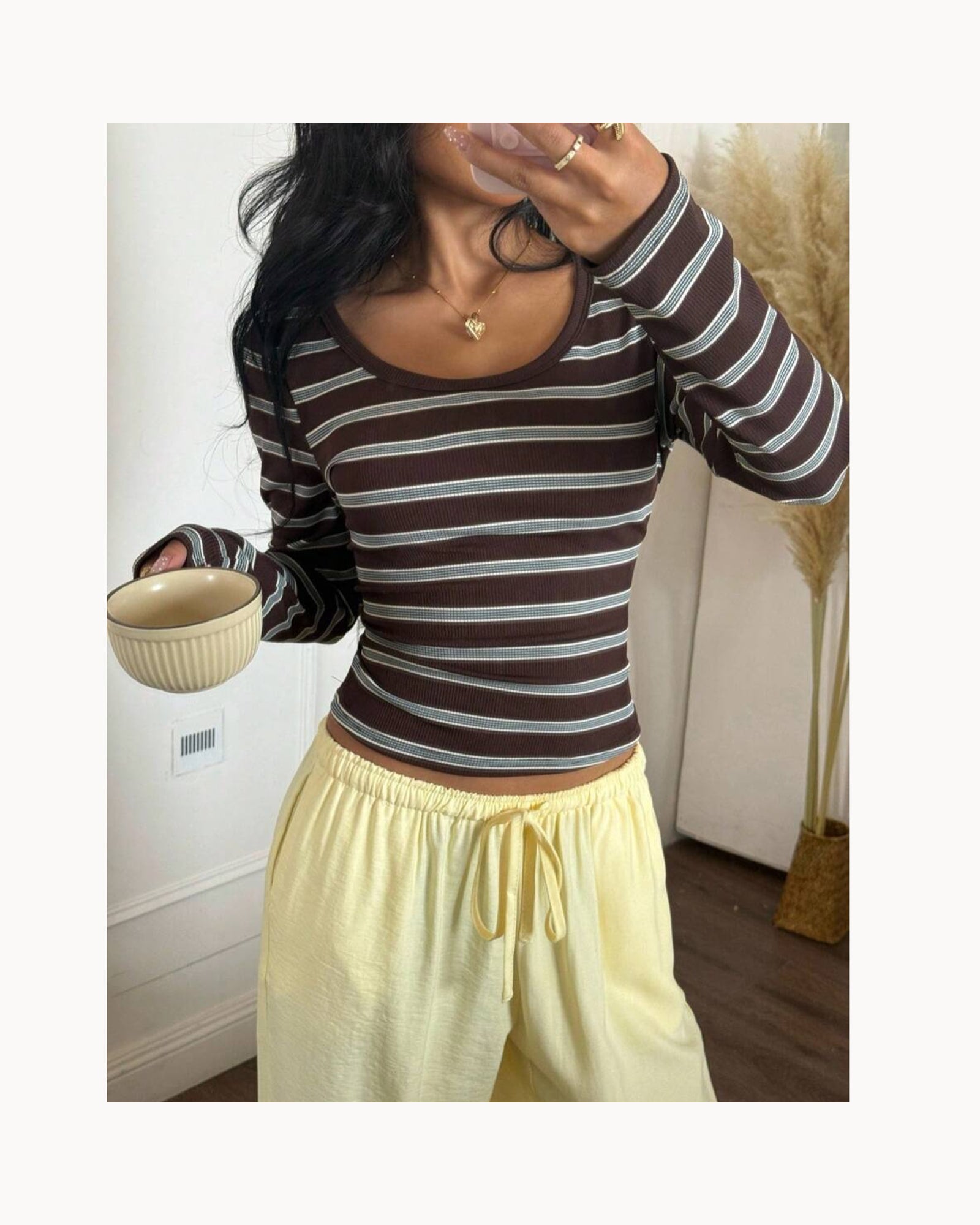 Brown Striped Wide-Neck Fitted Tee – detail view