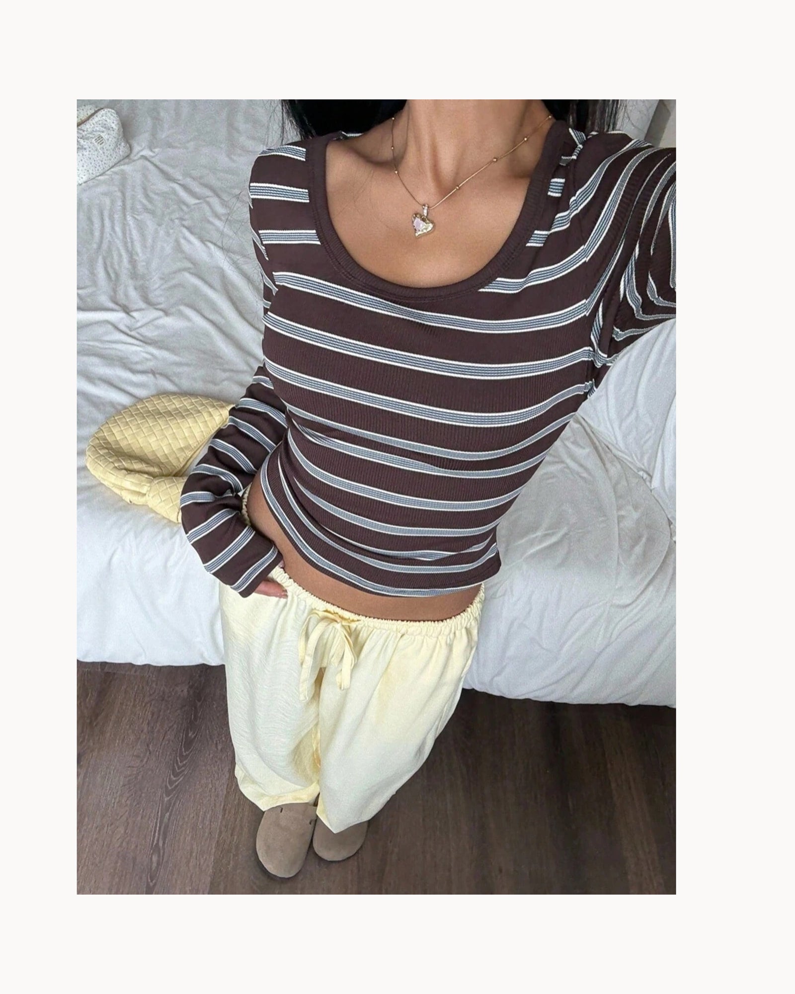 Brown Striped Wide-Neck Fitted Tee – detail view