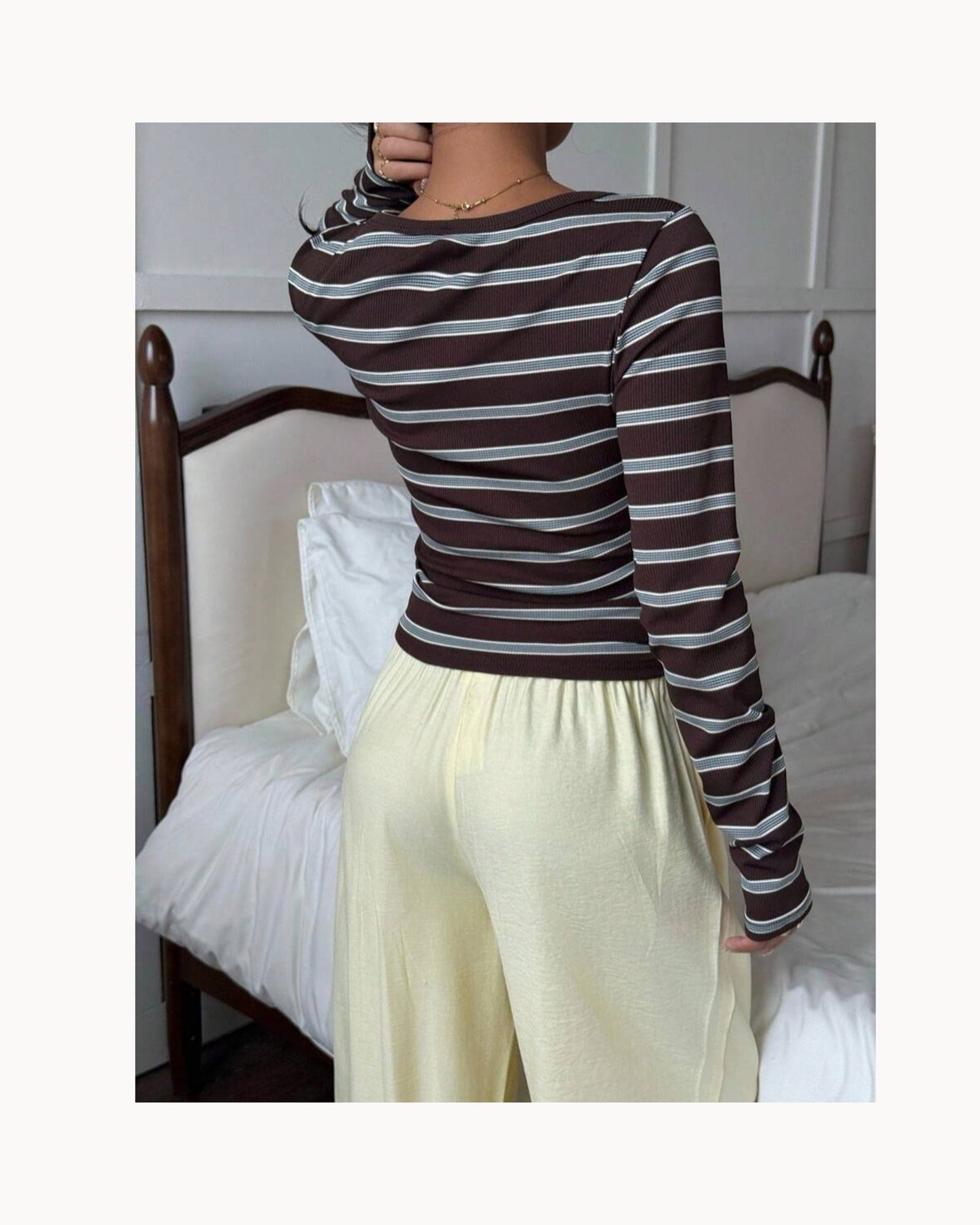 Brown Striped Wide-Neck Fitted Tee – main view