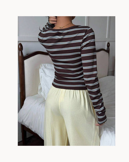 Brown Striped Wide-Neck Fitted Tee – main view