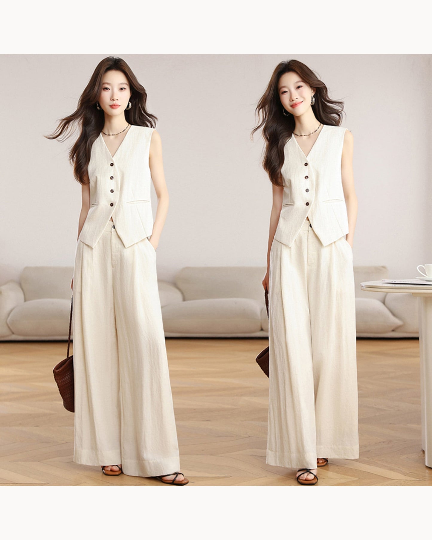 Ivory Set Tailored Vest & Wide-Leg Pant Set – main view