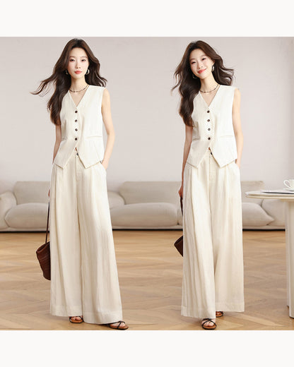 Ivory Set Tailored Vest & Wide-Leg Pant Set – main view