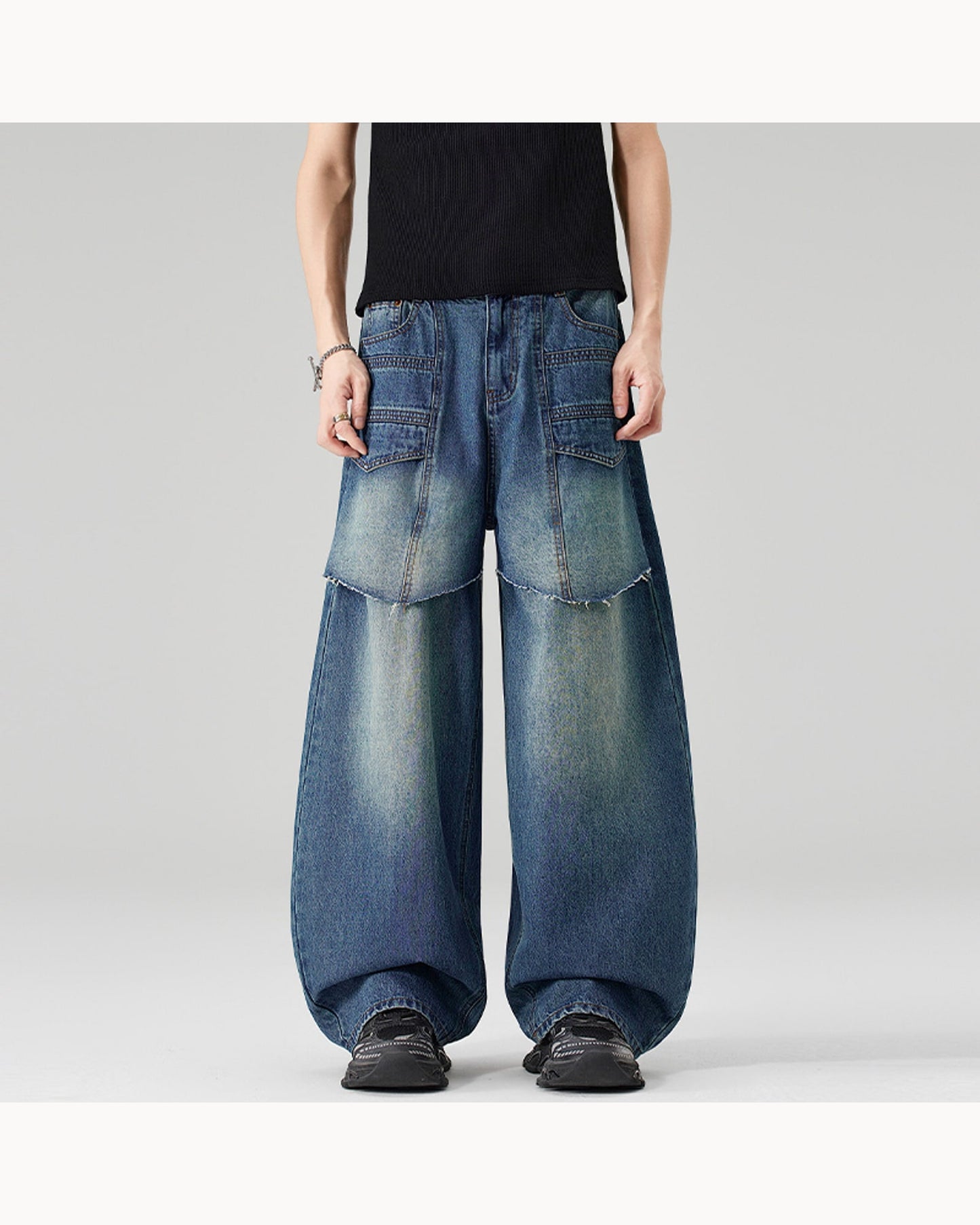 Blue Washed Wide-Leg Barrel Jeans – color view