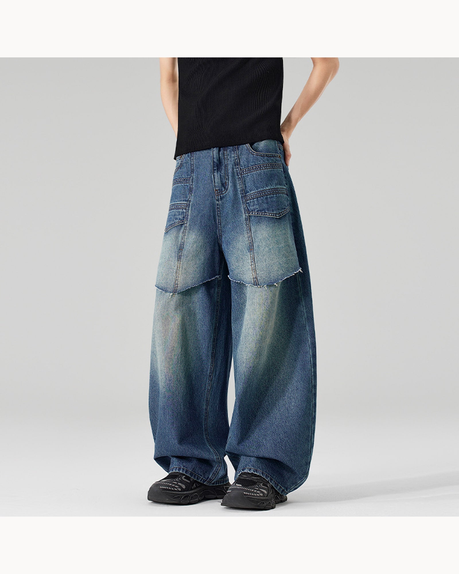 Blue Washed Wide-Leg Barrel Jeans – main view