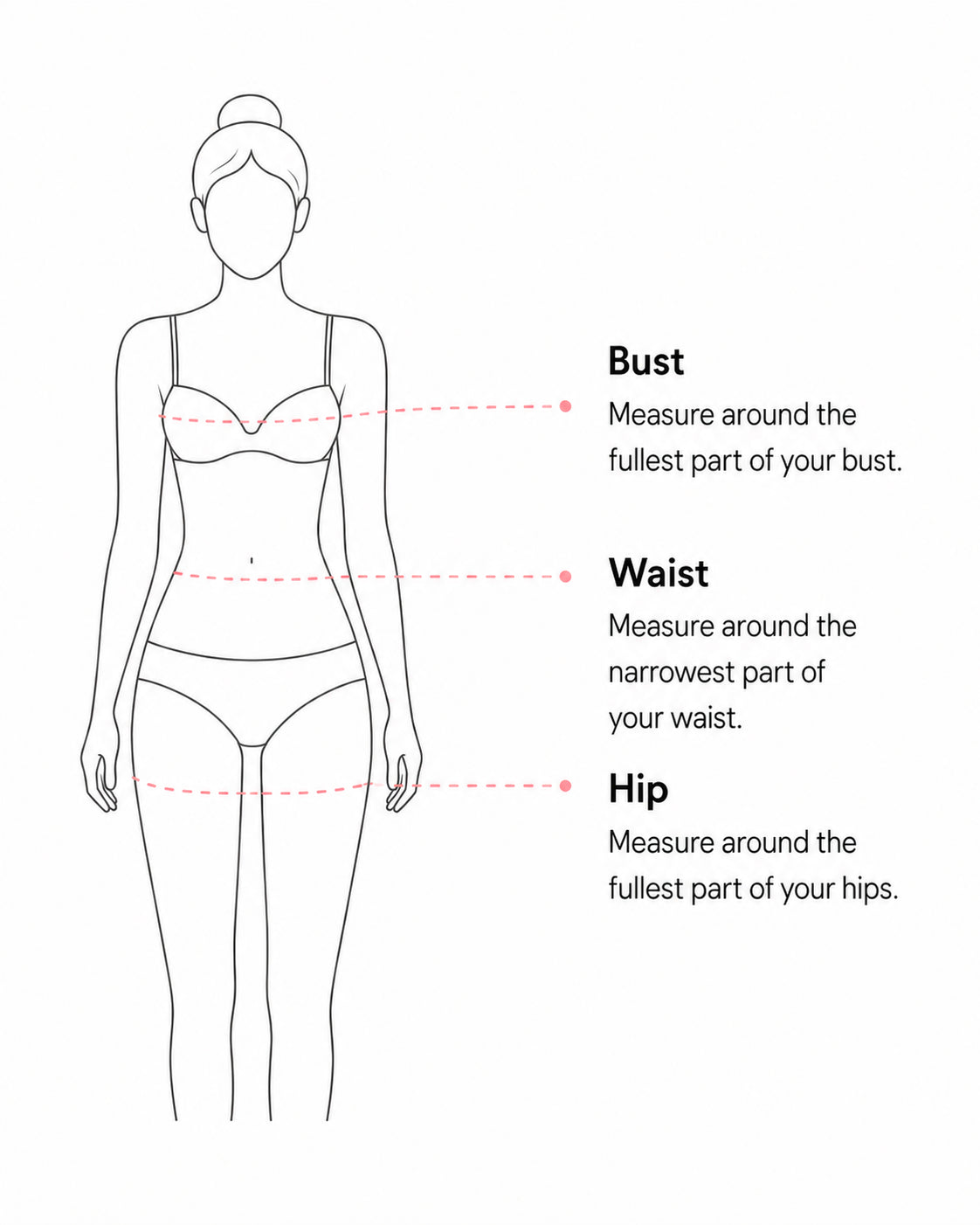 Body measurement diagram showing bust, waist and hip measurement positions.